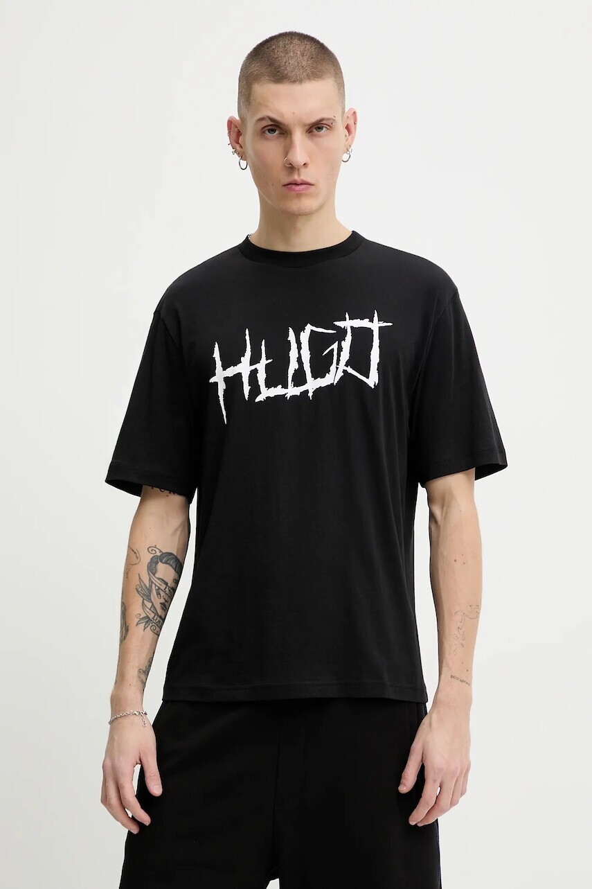 Bavlnené tričko Hugo Blue pánske, čierna farba, s potlačou, 50554350