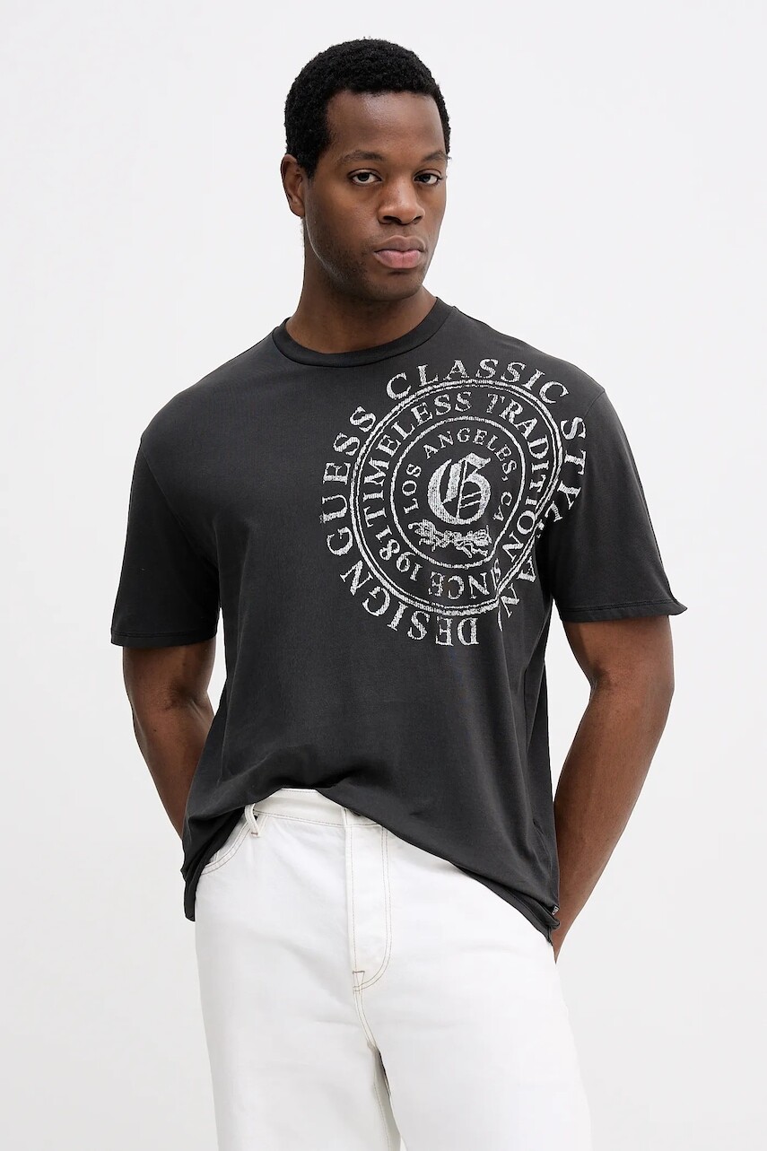 Bavlnené tričko Guess pánske, šedá farba, s potlačou, M5BI69 I3Z14