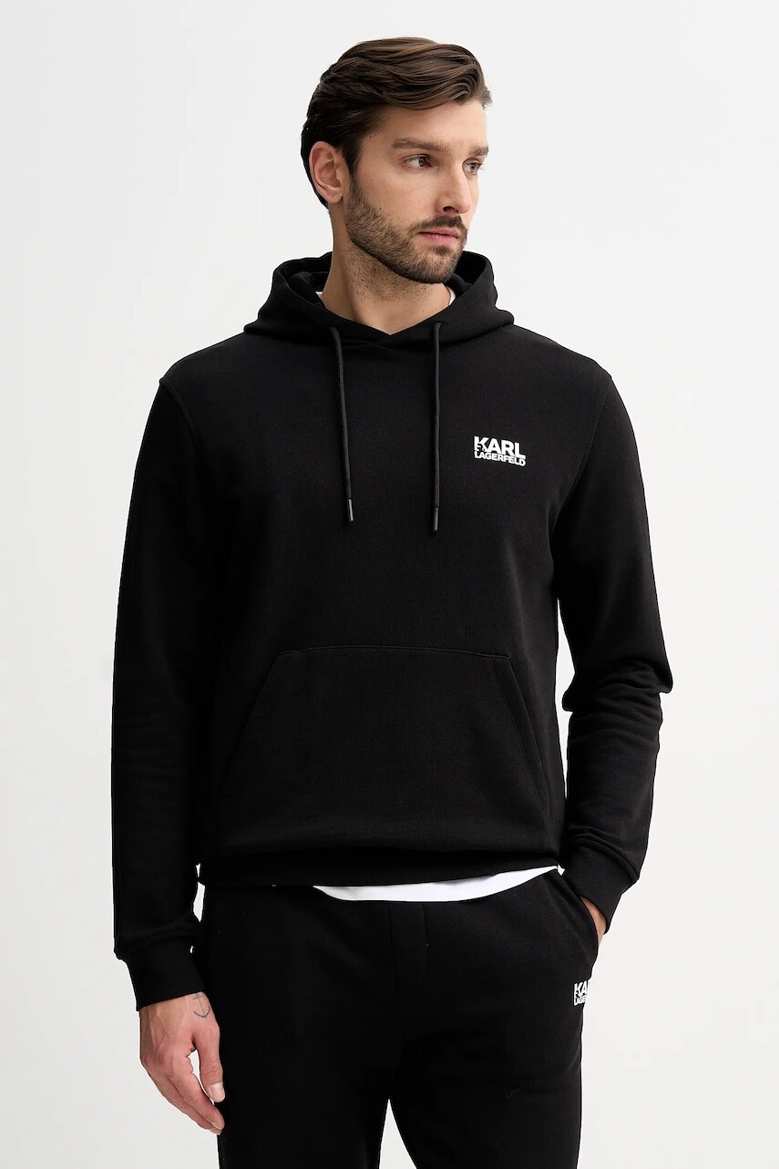 Bavlnená mikina Karl Lagerfeld čierna farba, s kapucňou, s potlačou, 561917.705781