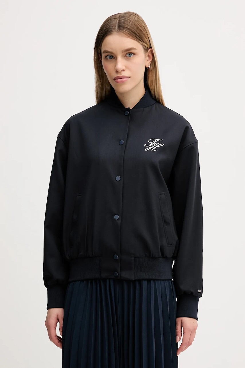 Bomber bunda s prímesou vlny Tommy Hilfiger tmavomodrá farba, prechodná, oversize, WW0WW49392