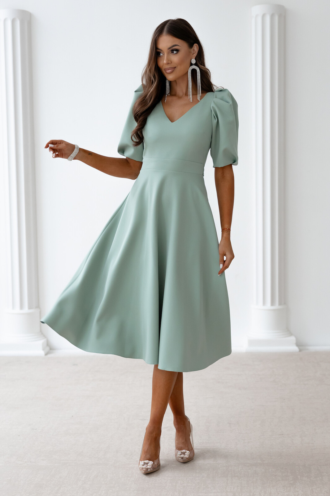 Lacoria Zelené midi šaty s balónovými rukávmi Veľkosť: XL