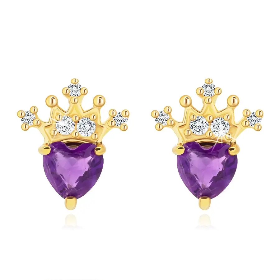 Náušnice zo 14K zlata korunka s ametystovým srdcom a zirkónmi
