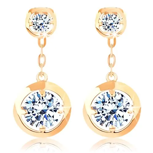 Náušnice zo žltého 14K zlata - okrúhle číre zirkóny s lesklým okrajom, retiazka