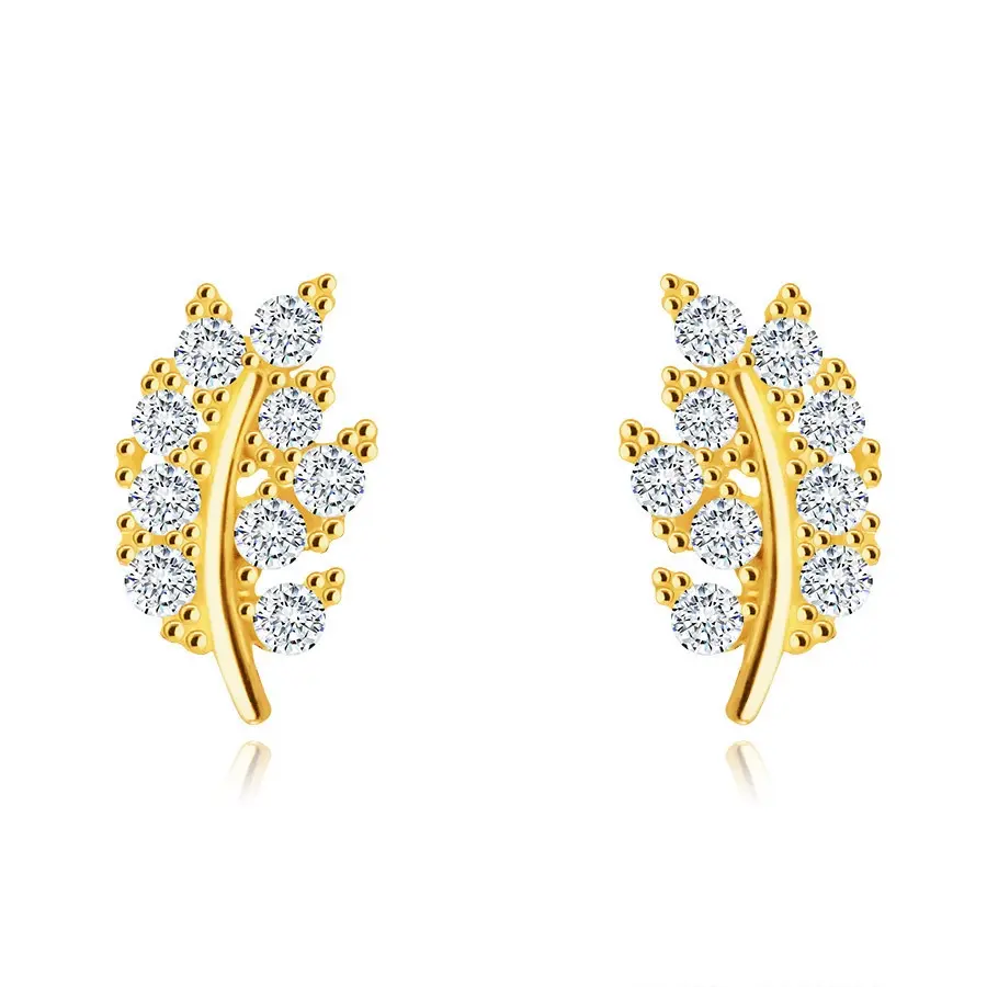 Puzetové 9K náušnice - lístok vykladaný trblietavými okrúhlymi čírymi zirkónmi