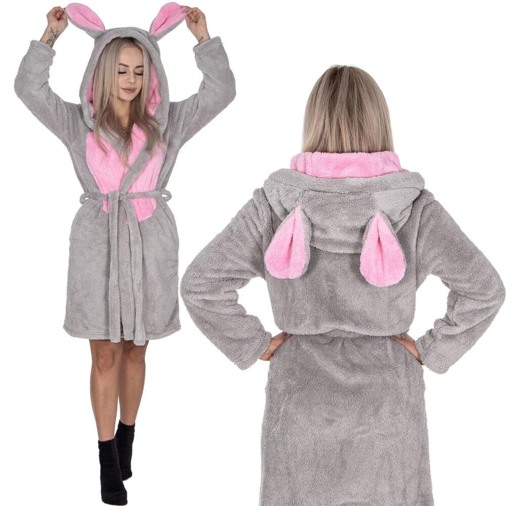 Dámsky plyšový župan Classic s kapucňou + zajačie uši - L/M - sivá + ružová