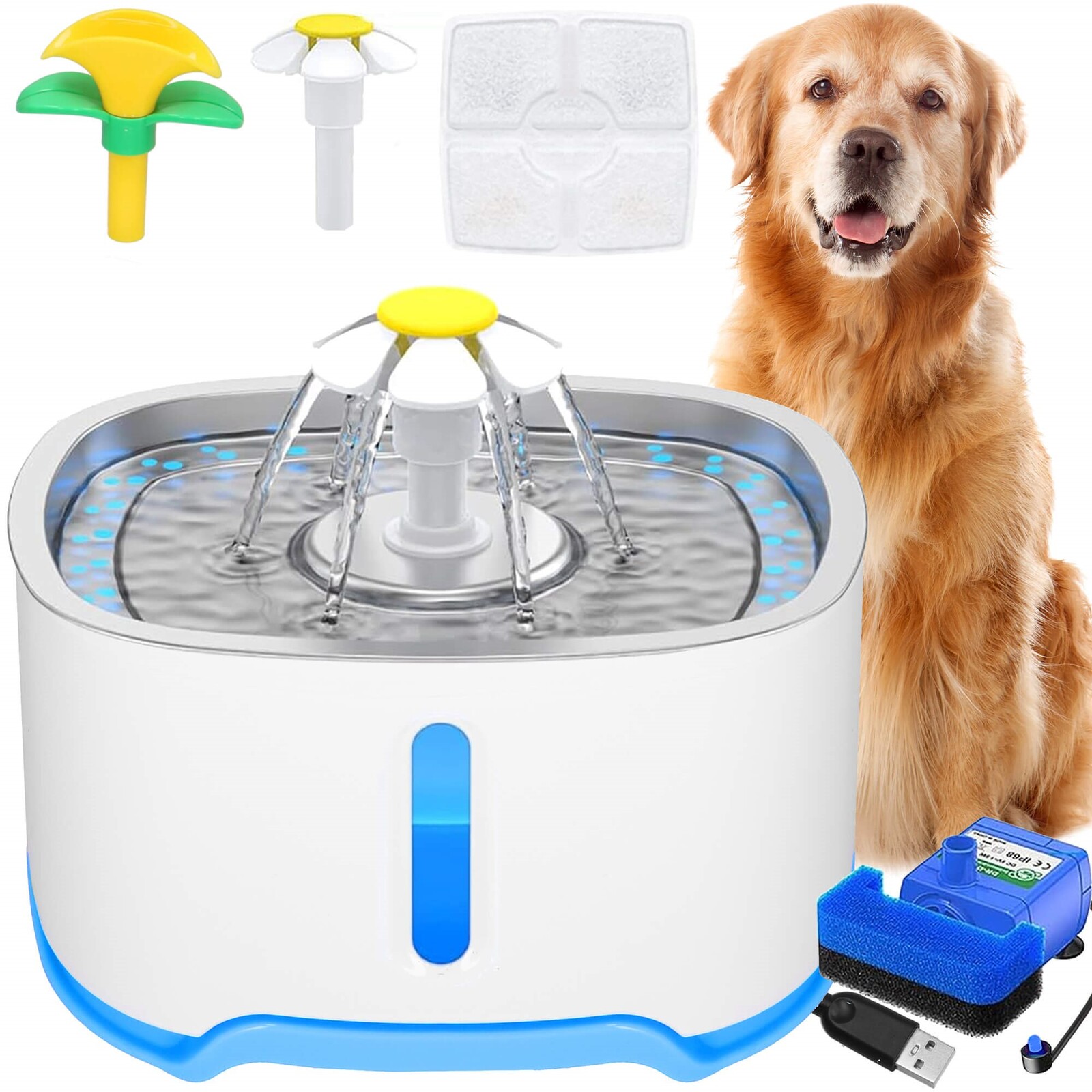 Dávkovač vody pre zvieratá, napájadlo - 2,5 l, osvetlená fontána, biela a modrá