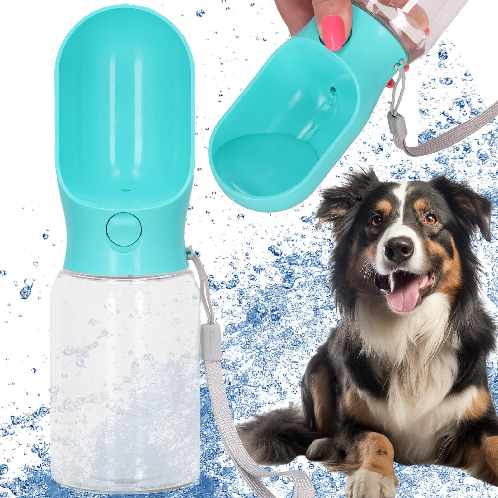 Fľaša na vodu pre psov a mačky, s napájadlom a vodítkom - 340 ml