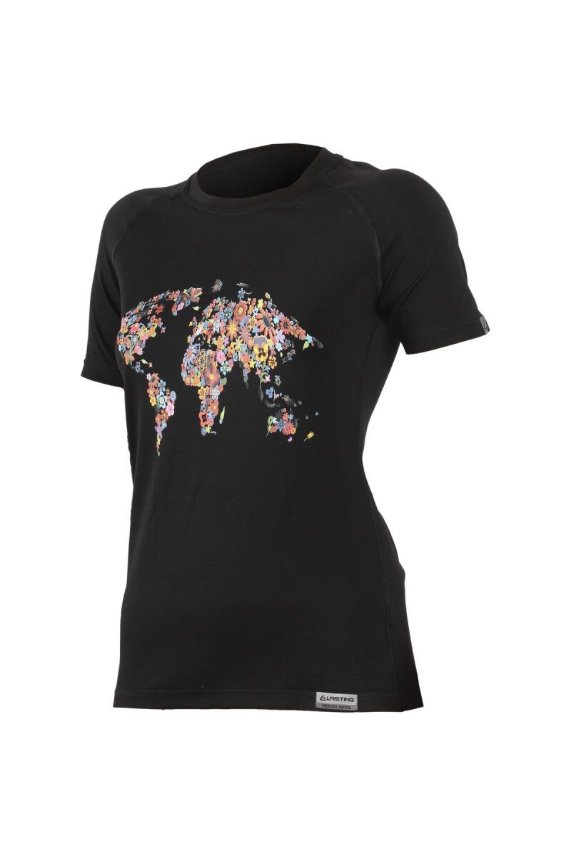 Lasting FLOWER 9090 čierne vlnené merino tričko s tlačou Veľkosť: L 8595067830278