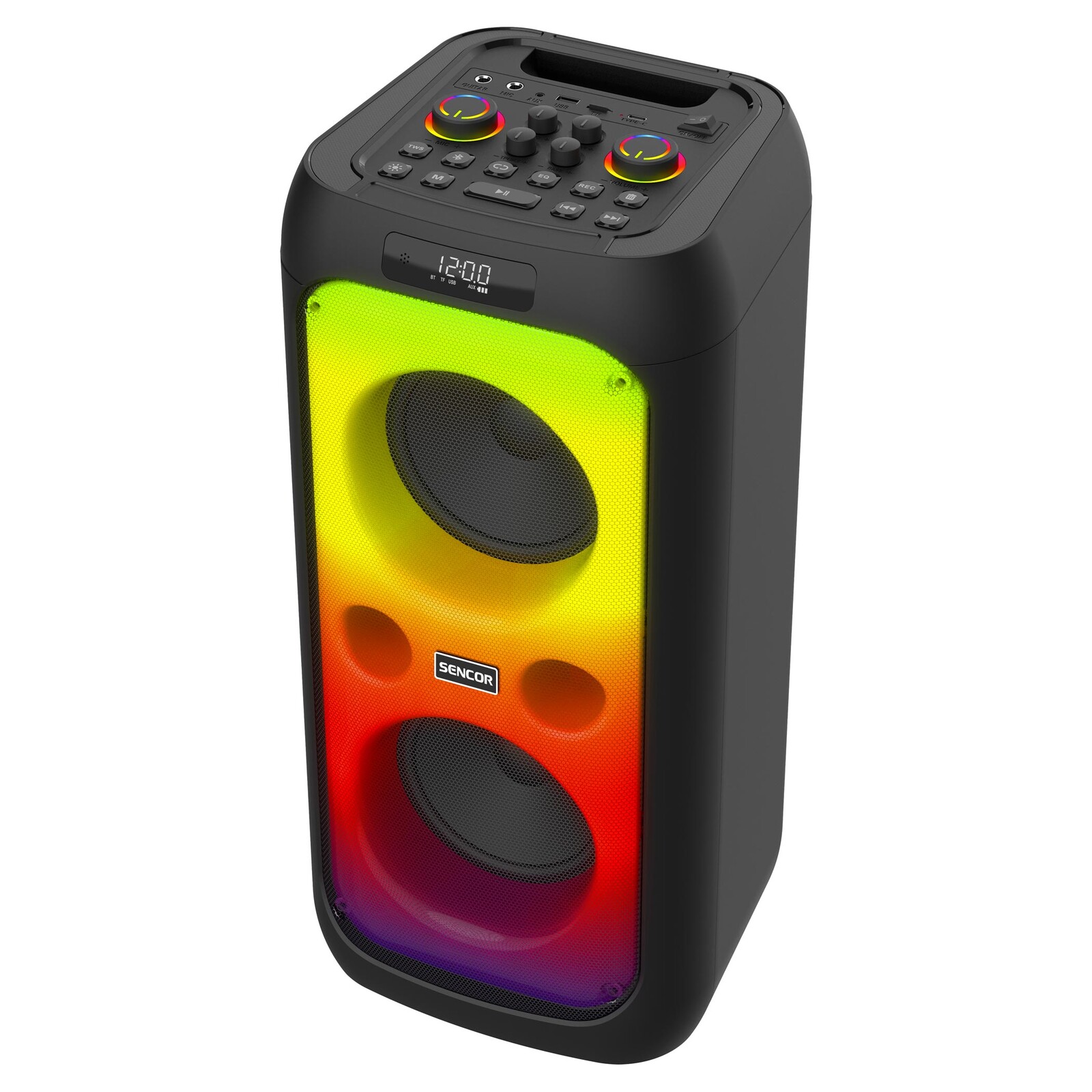 Sencor PARTYCON WAVE Párty reproduktor Maximálny výstupný výkon: 100 W (impedancia: 6 Ω) Bezdrôtový mikrofón v balení, Predný LED farebný panel s