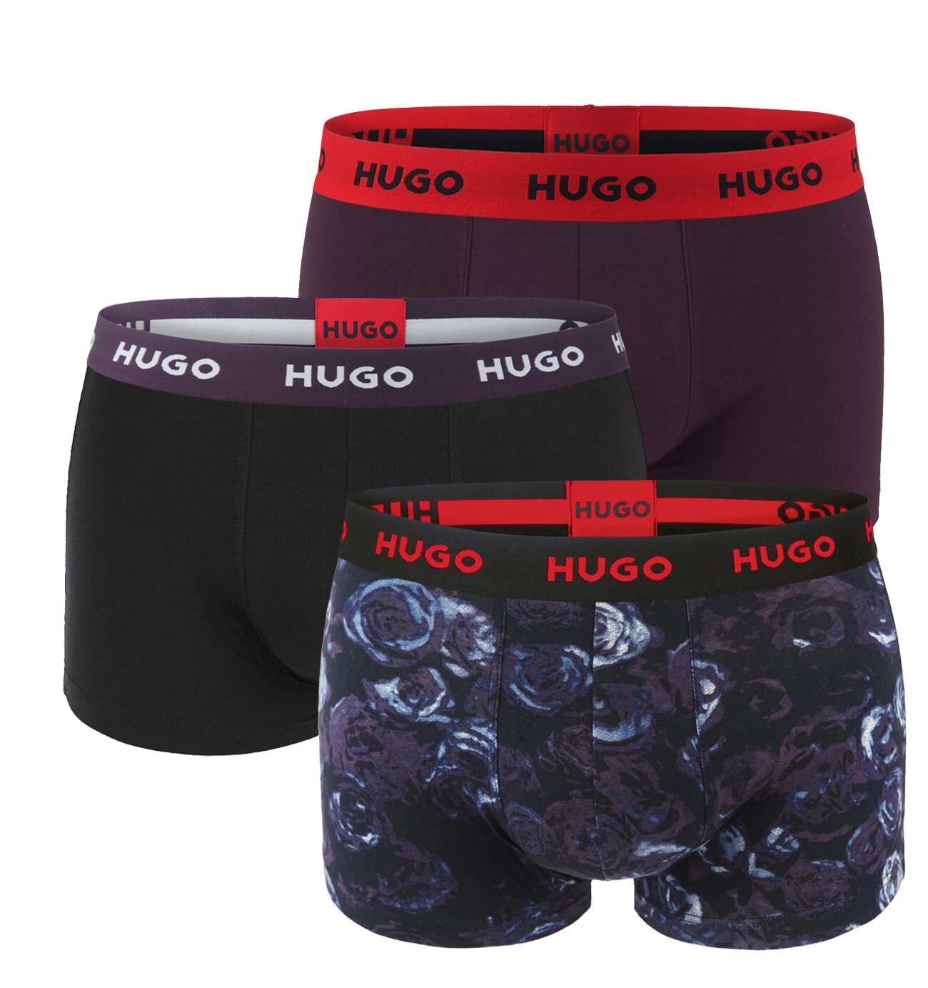 HUGO - boxerky 3PACK cotton stretch modern storm & dark purple color combo