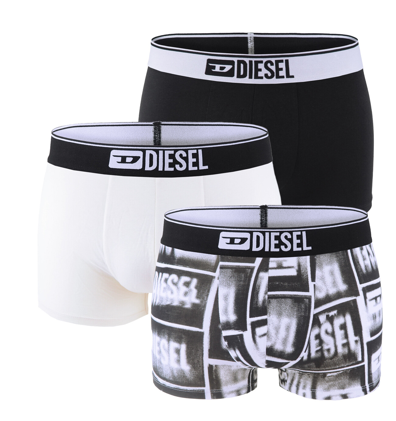 DIESEL - pánske boxerky 3PACK cotton stretch modern DIESEL print black & white combo