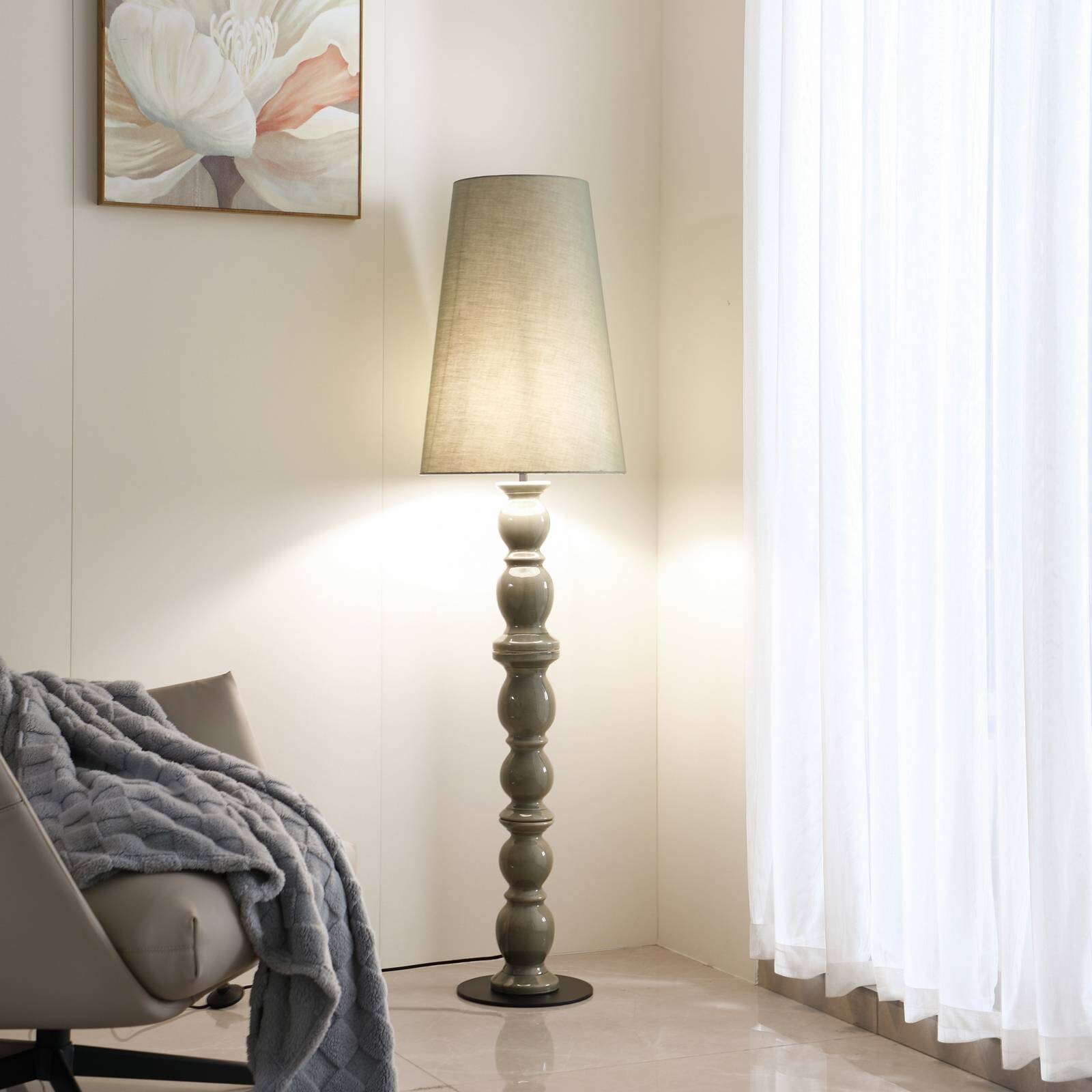 Lucande stojacia lampa Lyndorin, zelená, keramika, 150 cm