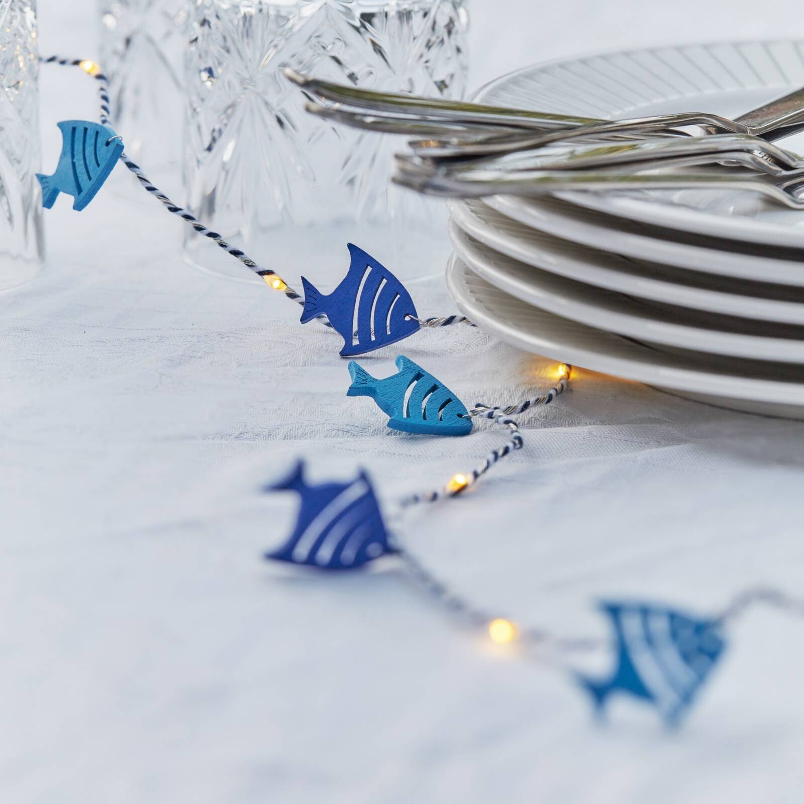 LED svetelná reťaz Selma Fish, modrá, 20 žiaroviek, napájanie na batérie