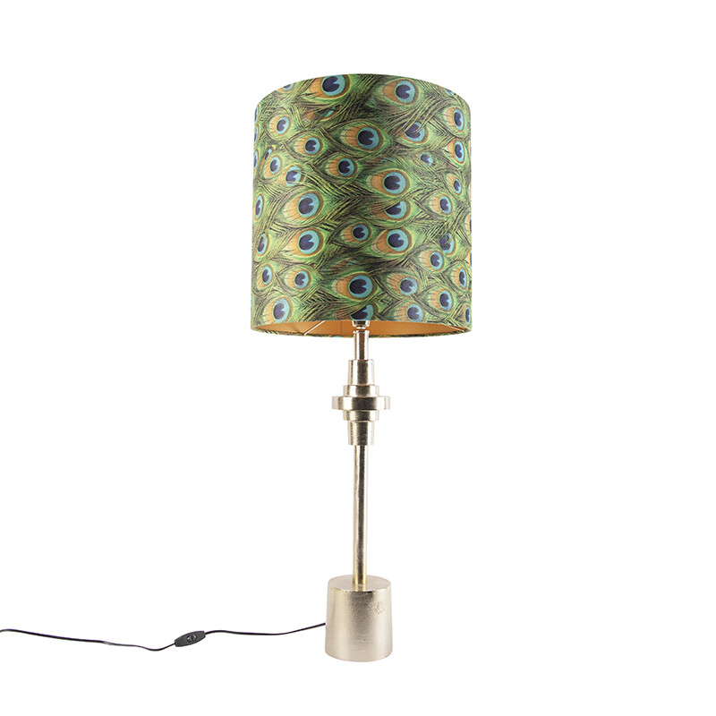 Stolná lampa v štýle Art Deco so zlatým zamatovým tienidlom s motívom pávieho peria 40 cm - Diverso