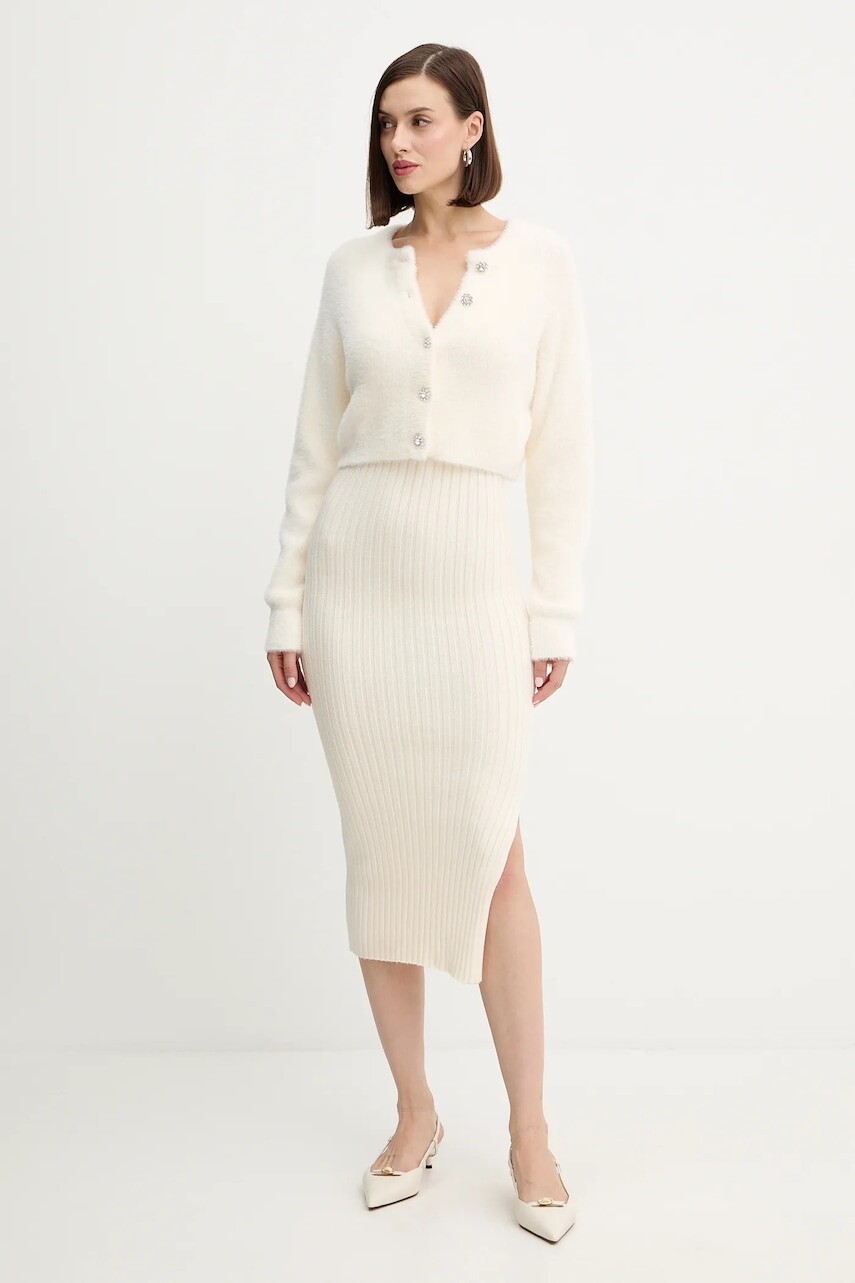 Šaty a kardigan Morgan béžová farba, midi, priliehavé, RMORILO