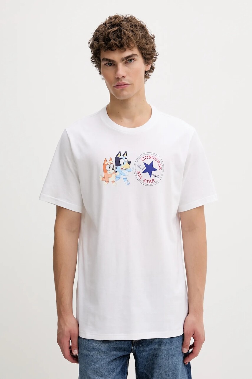 Bavlnené tričko Converse BLUEY pánske, biela farba, s potlačou, CVM5T501