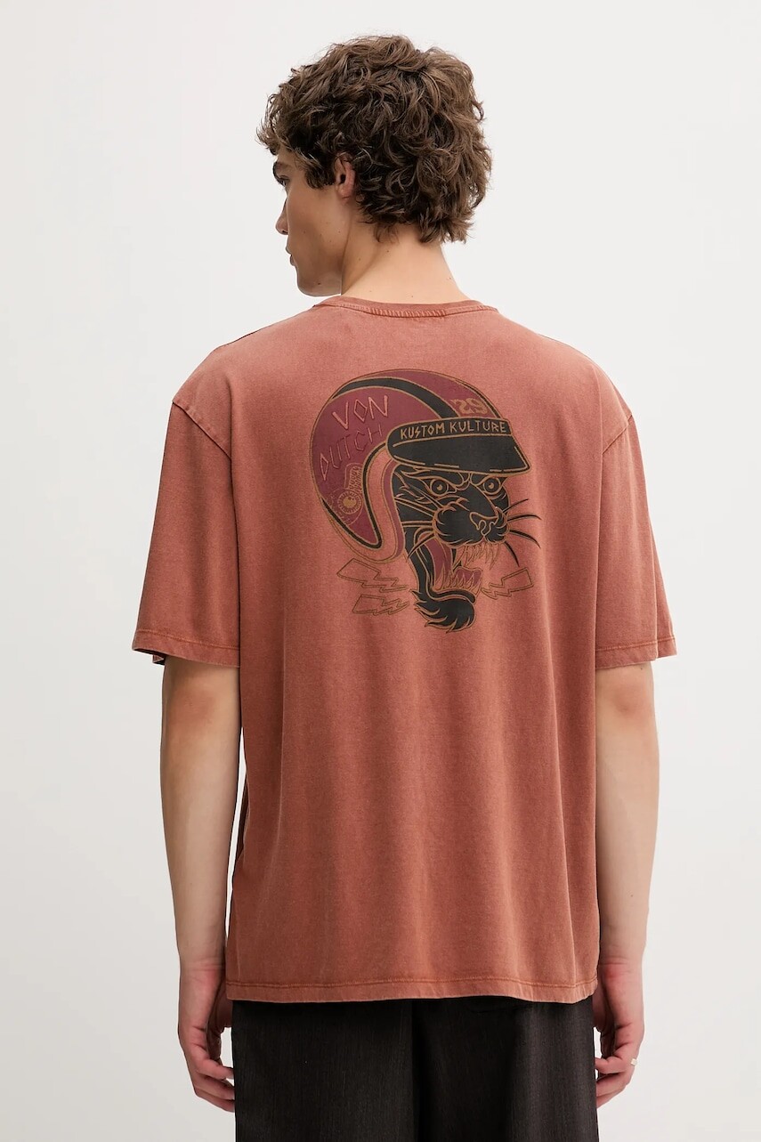 Bavlnené tričko Von Dutch pánske, hnedá farba, s potlačou, VD.1.H.TR.FLASH