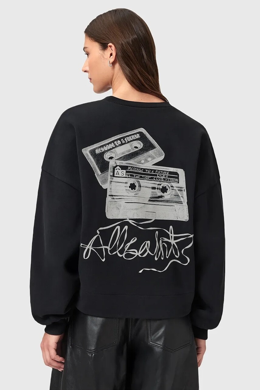 Bavlnená mikina AllSaints REEL čierna farba, vzorovaná, W020JD