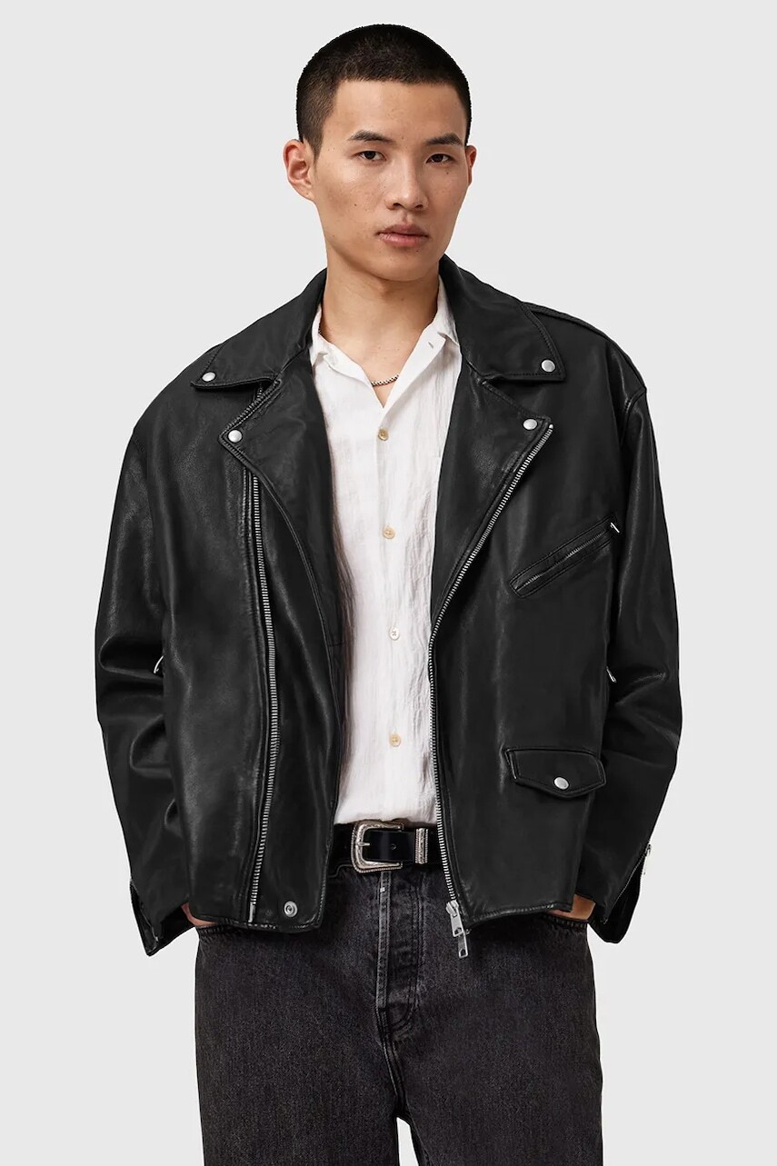 Kožená bunda AllSaints BRADFORD čierna farba, prechodná, M005LD