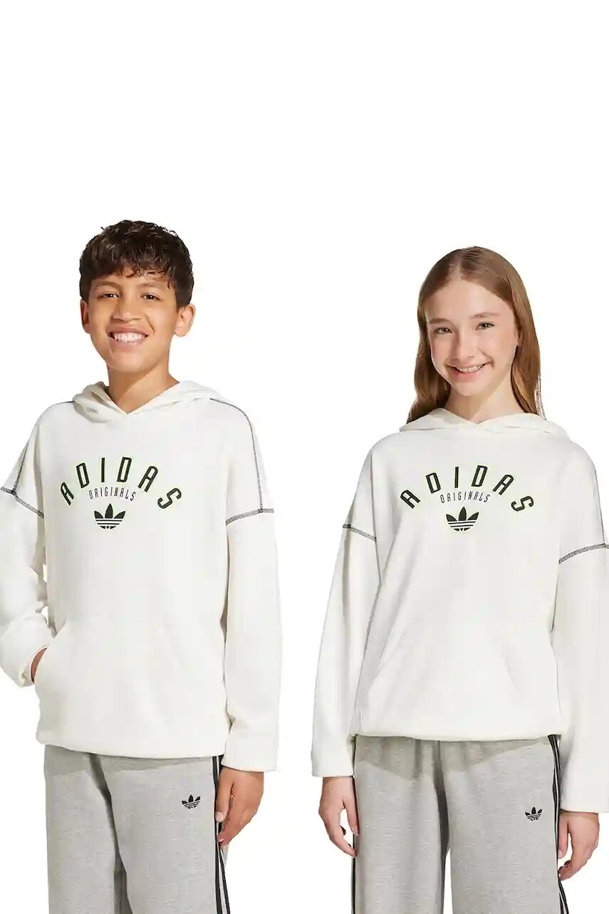Detská mikina adidas Originals biela farba, s kapucňou, s nášivkou, JX5267