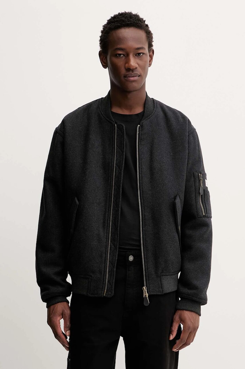 Bomber bunda s prímesou vlny Guess Jeans šedá farba, prechodná, oversize, M5BL1B W1482