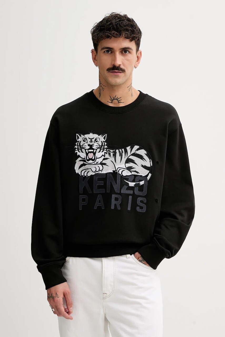 Bavlnená mikina Kenzo pánska, čierna farba, s nášivkou, FF55SW2634MF.99J