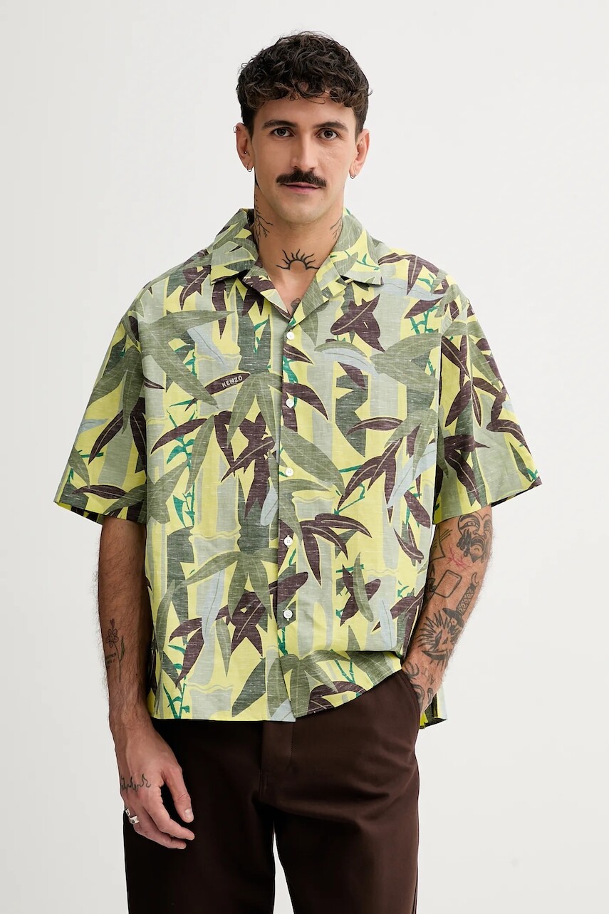 Košeľa s prímesou ľanu Kenzo zelená farba, voľný strih, FF55CH1309P1.45