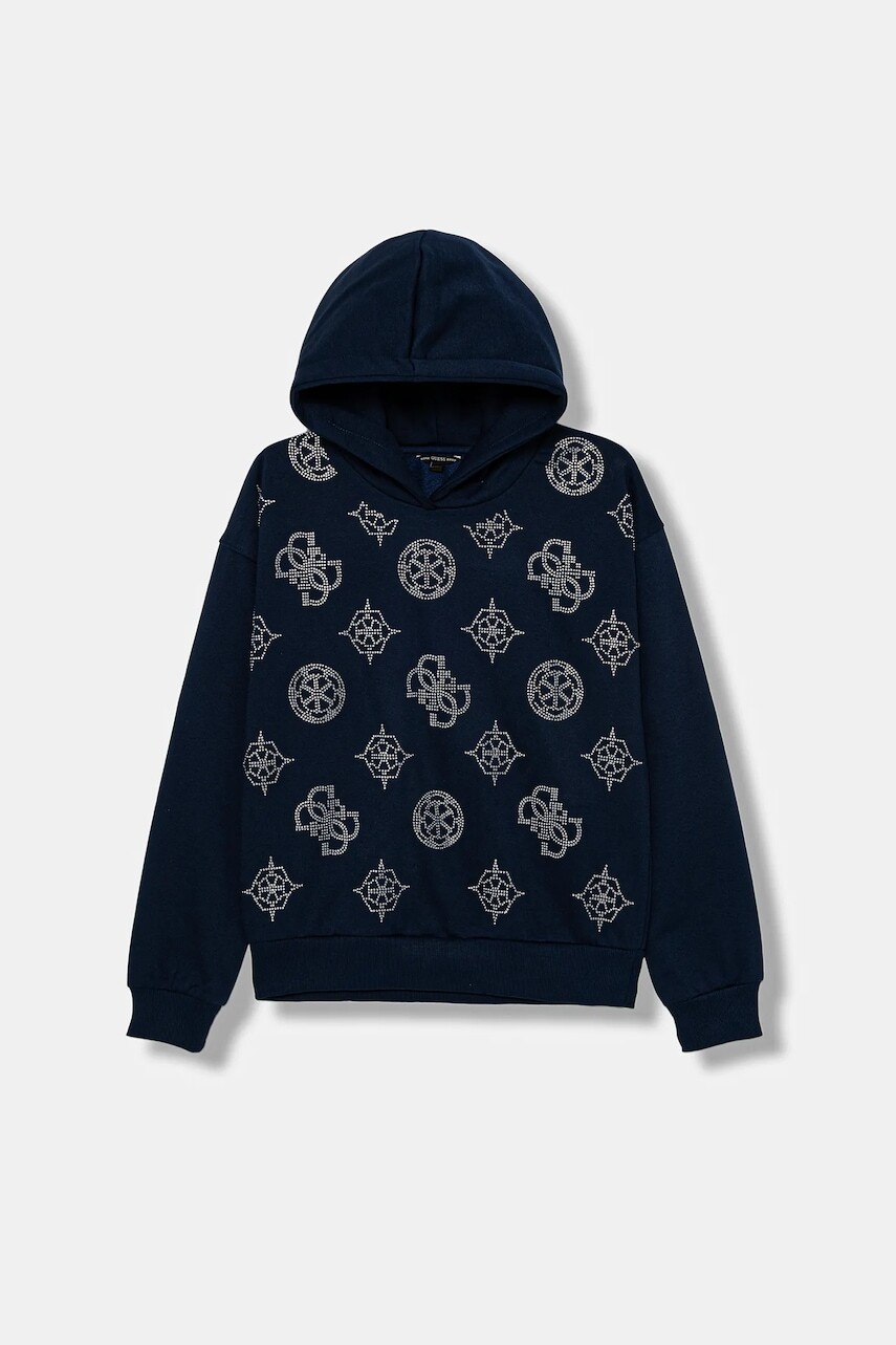 Detská mikina Guess tmavomodrá farba, s kapucňou, s nášivkou, J5BQ09 KCKF2