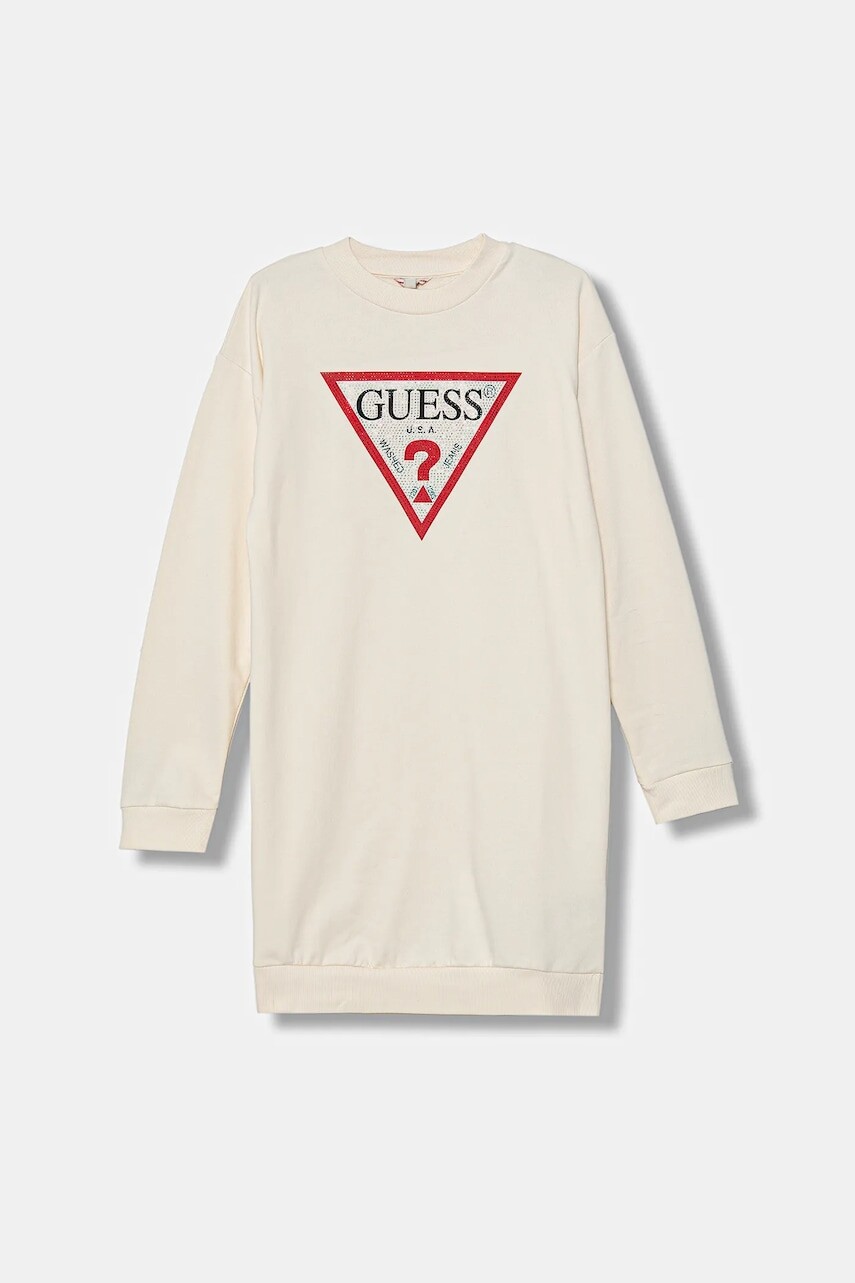 Dievčenské bavlnené šaty Guess béžová farba, mini, oversize, J3YK20 KA6R4