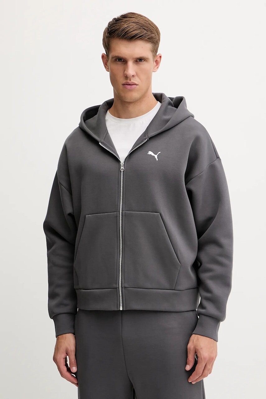 Mikina Puma šedá farba, s kapucňou, jednofarebná, 632066