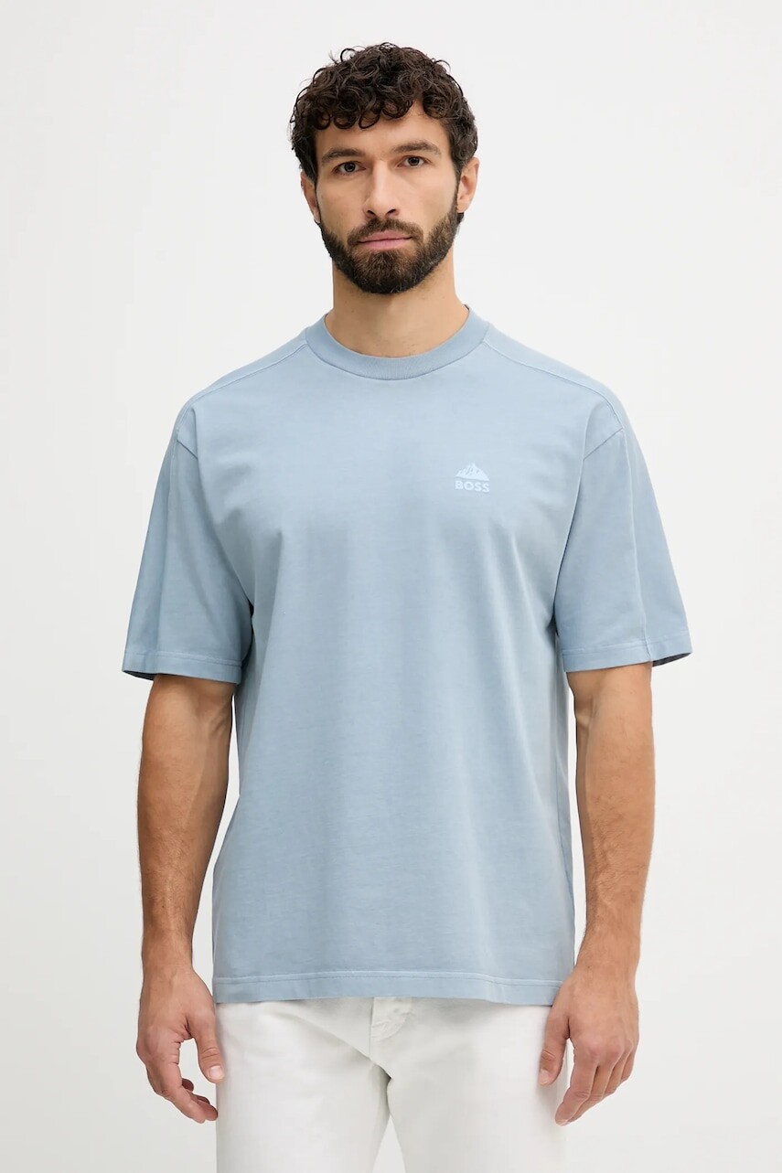 Bavlnené tričko BOSS Orange pánske, modrá farba, s potlačou, 50551642