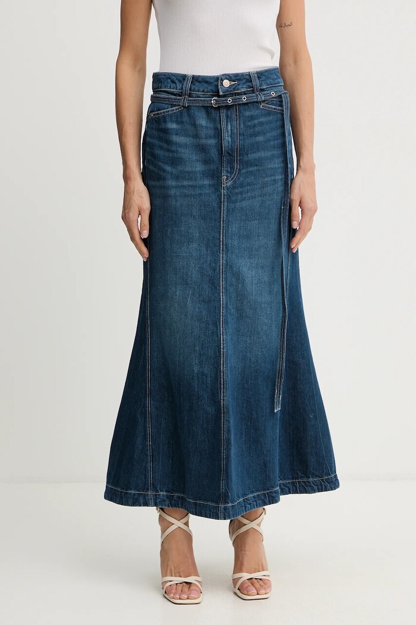 Sukňa BOSS Orange modrá farba, maxi, áčkový strih, 50548436