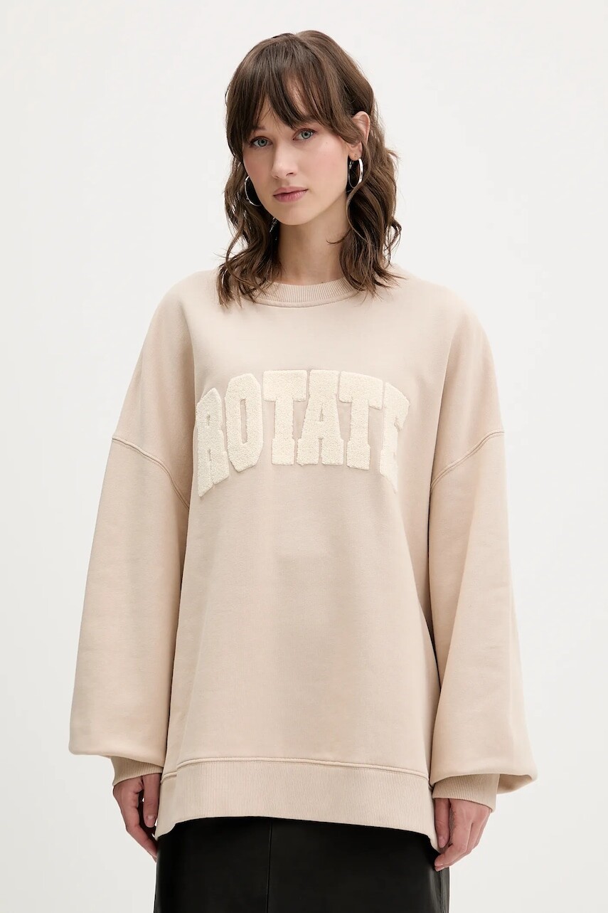 Bavlnená mikina Rotate béžová farba, s nášivkou, 115316532