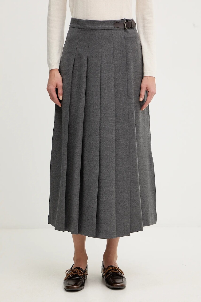 Sukňa s prímesou vlny Weekend Max Mara FASTOSO šedá farba, midi, áčkový strih, 2525106062600