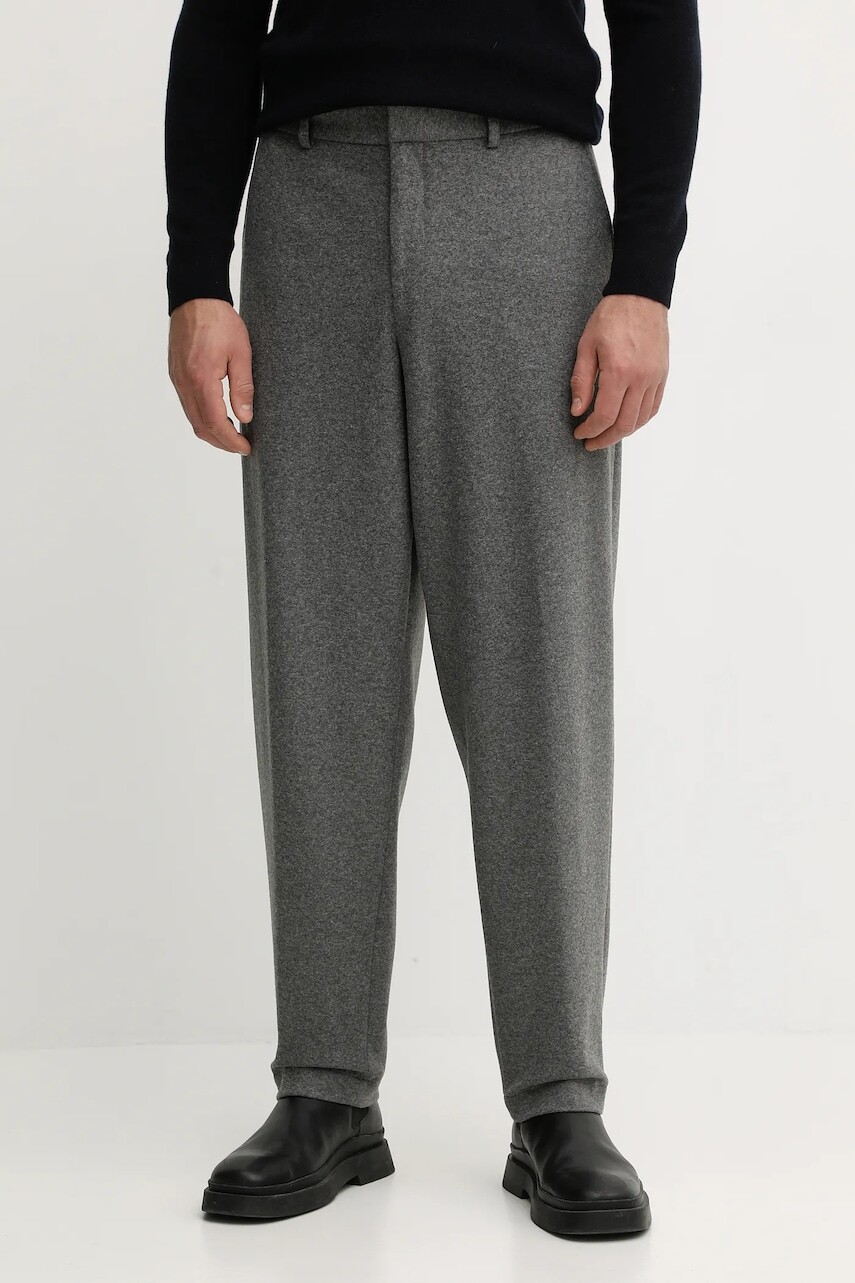 Nohavice s prímesou vlny BOSS šedá farba, rovný strih, 50551541