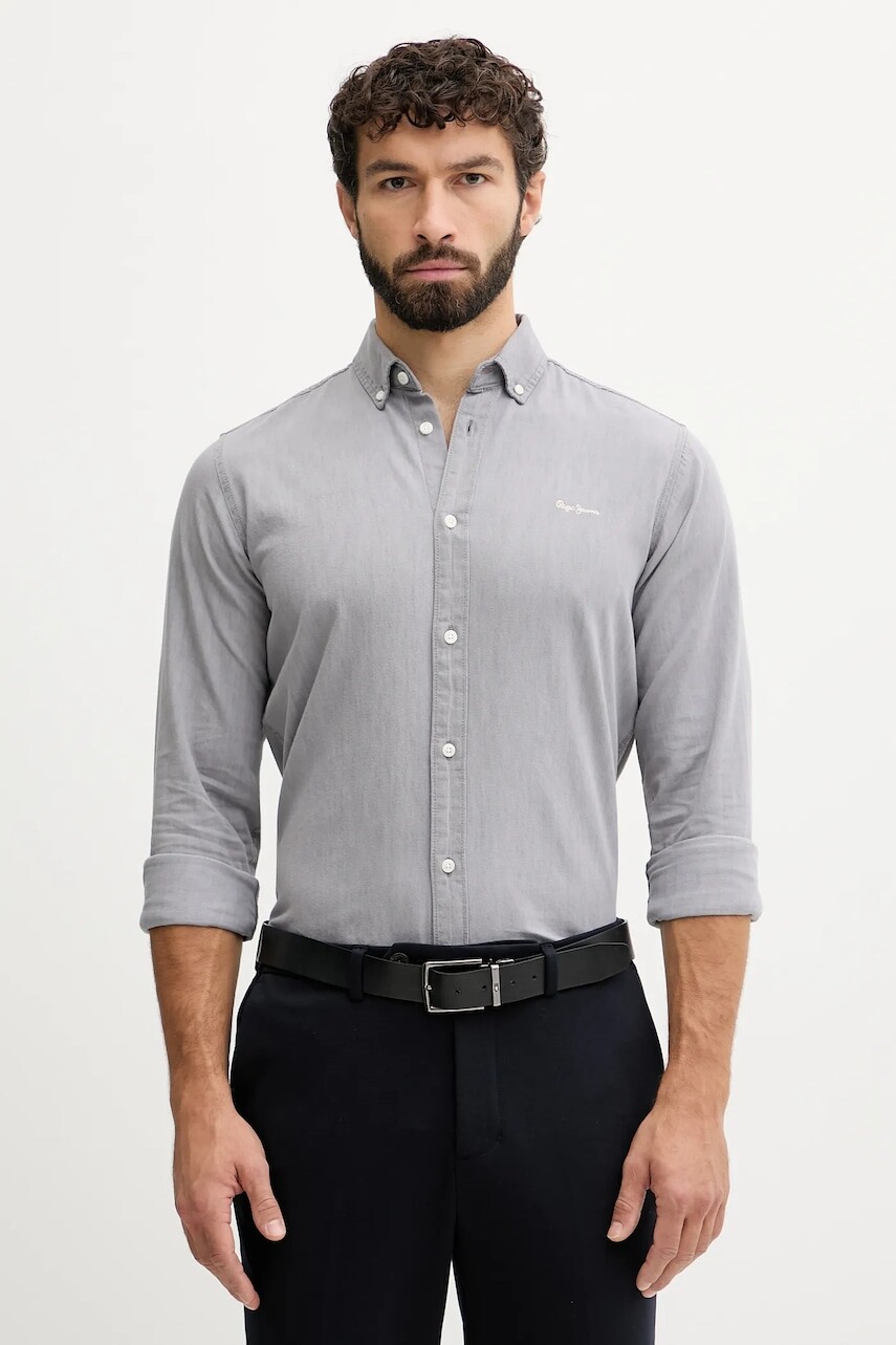 Košeľa Pepe Jeans šedá farba, slim, s golierom button-down, PM3090018C0