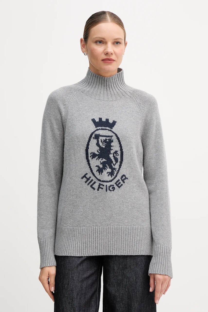 Sveter s prímesou vlny Tommy Hilfiger šedá farba, s polorolákom, WW0WW46434