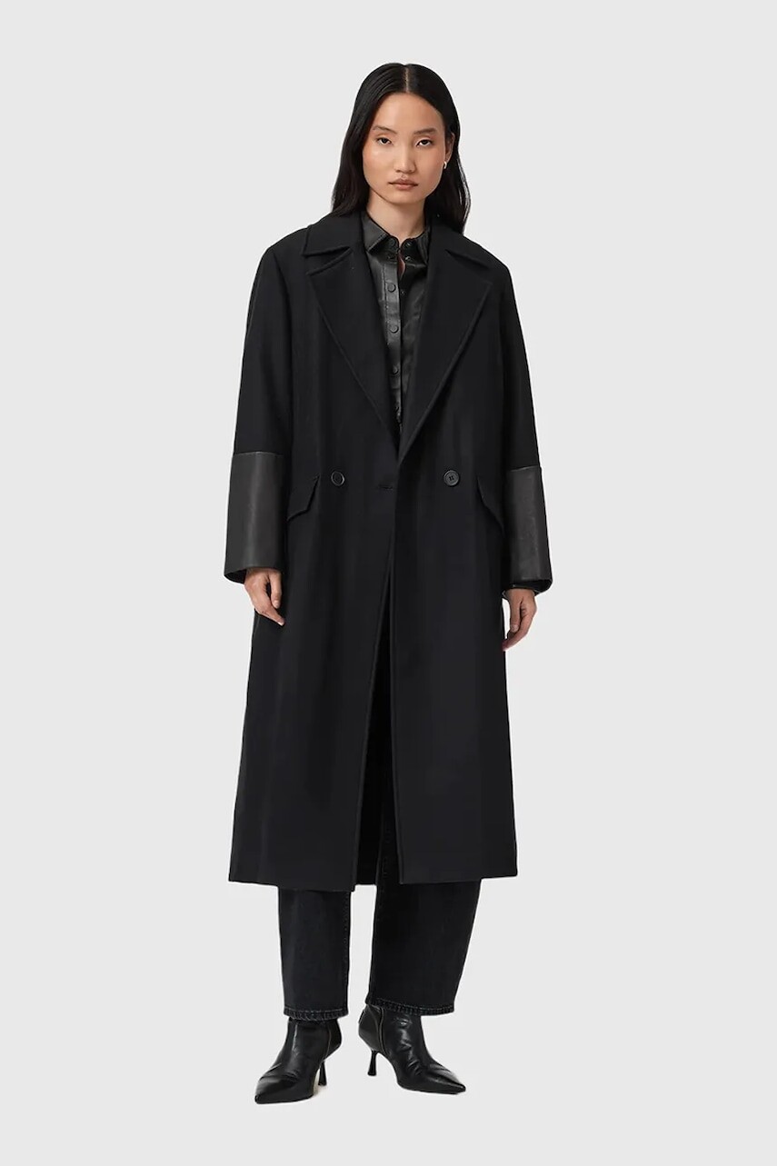 Kabát s prímesou vlny AllSaints SELLMA čierna farba, W020OD