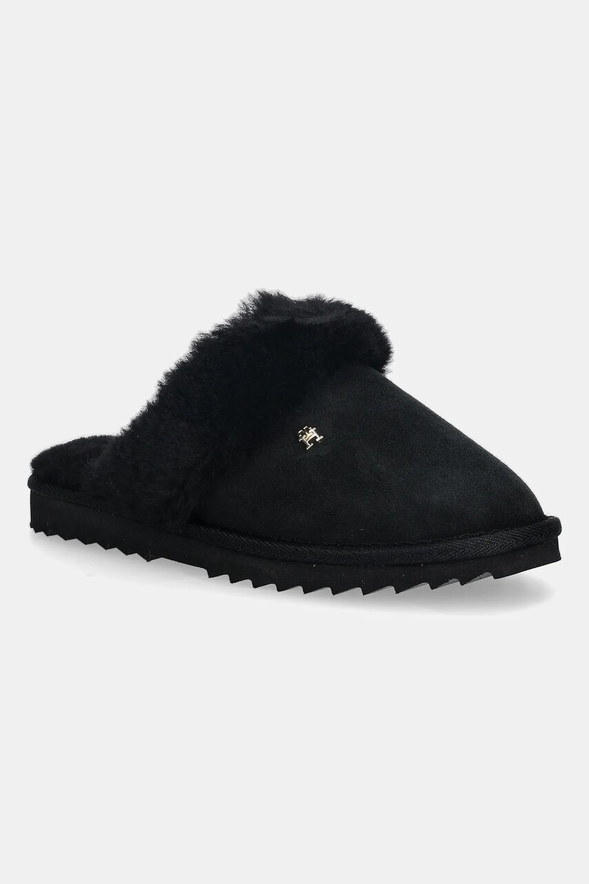Kožené papuče Tommy Hilfiger TH SHEARLING HOUSE SHOE čierna farba, FW0FW09063