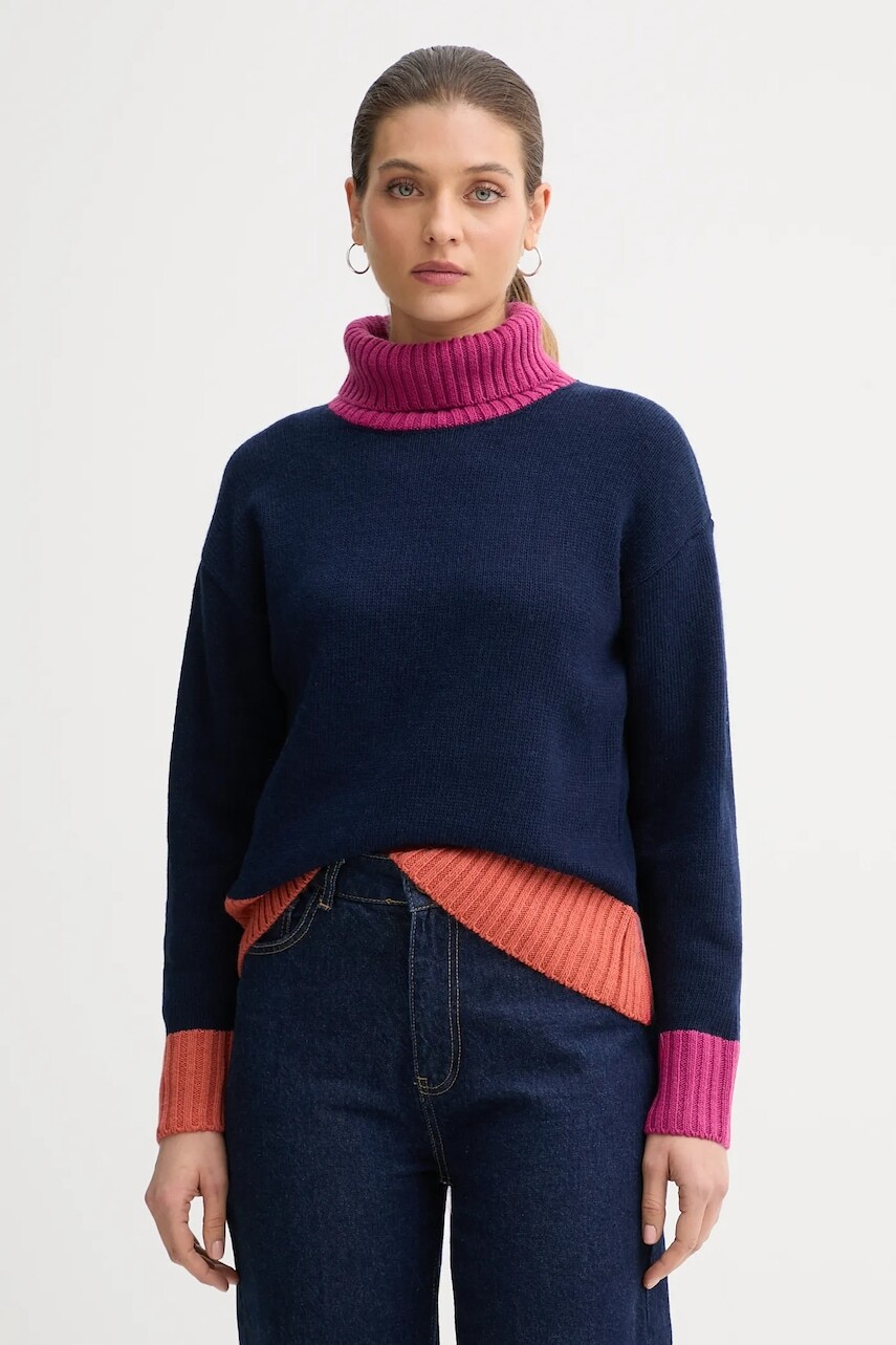 Sveter s prímesou vlny United Colors of Benetton tmavomodrá farba, s rolákom, 16YCE204I