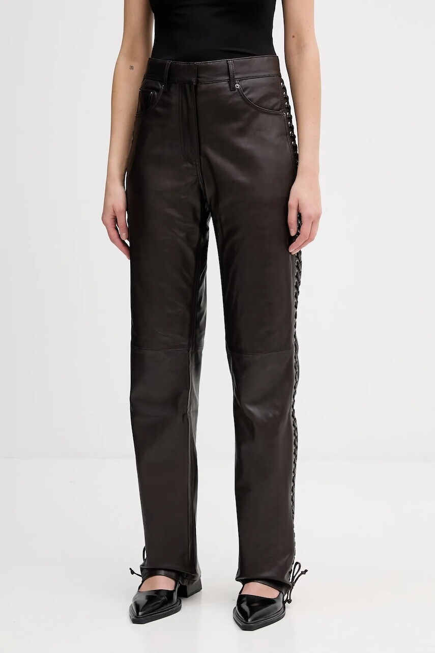 Kožené nohavice Rotate hnedá farba, široké, vysoký pás, 1158191667