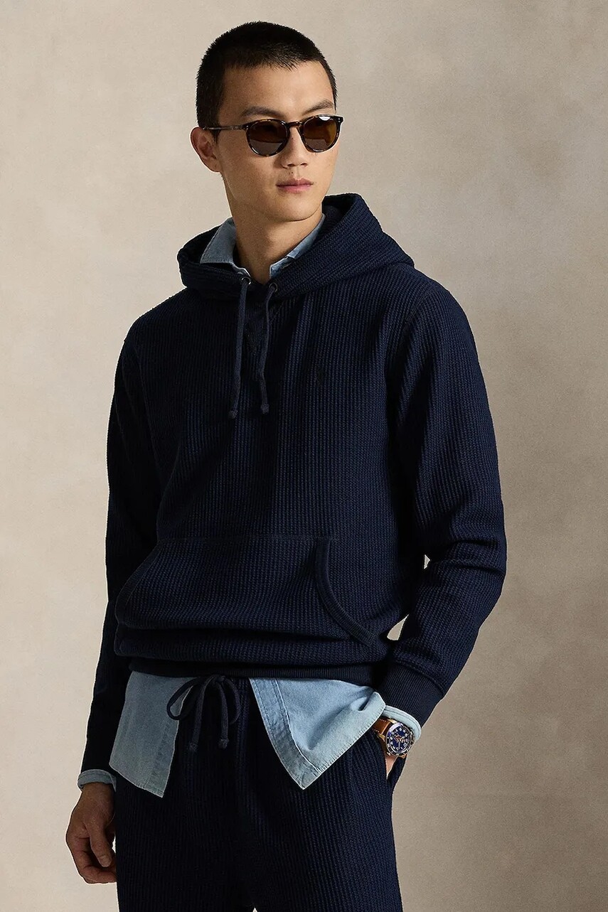 Mikina Polo Ralph Lauren tmavomodrá farba, s kapucňou, vzorovaná, 710P04755