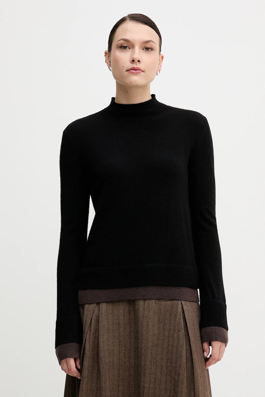 Sveter s prímesou vlny Sisley čierna farba, ľahký, s polorolákom, 122WL202B