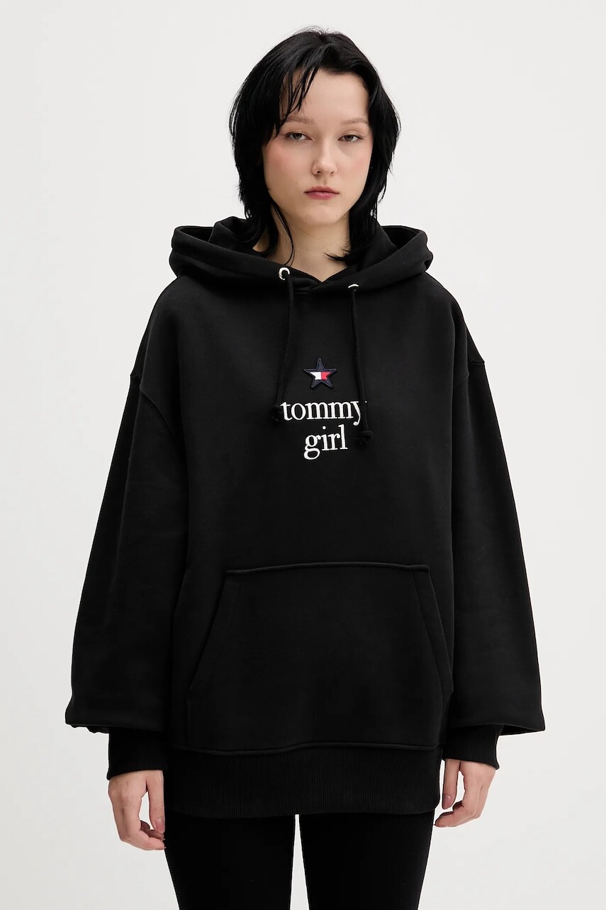 Bavlnená mikina Tommy Jeans čierna farba, s kapucňou, s nášivkou, DN0DN00099