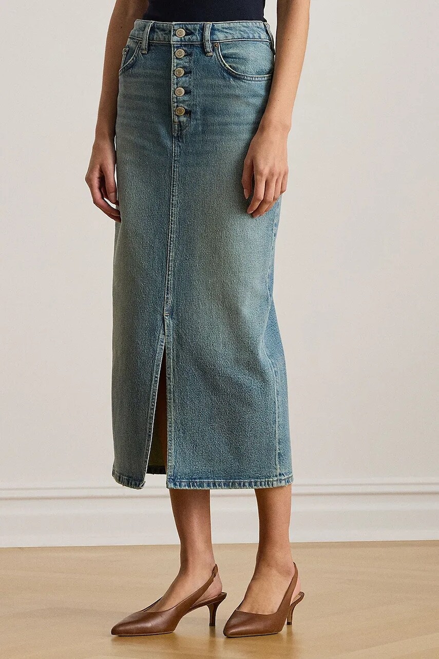 Rifľová sukňa Lauren Ralph Lauren modrá farba, midi, rovný strih, 200P03635