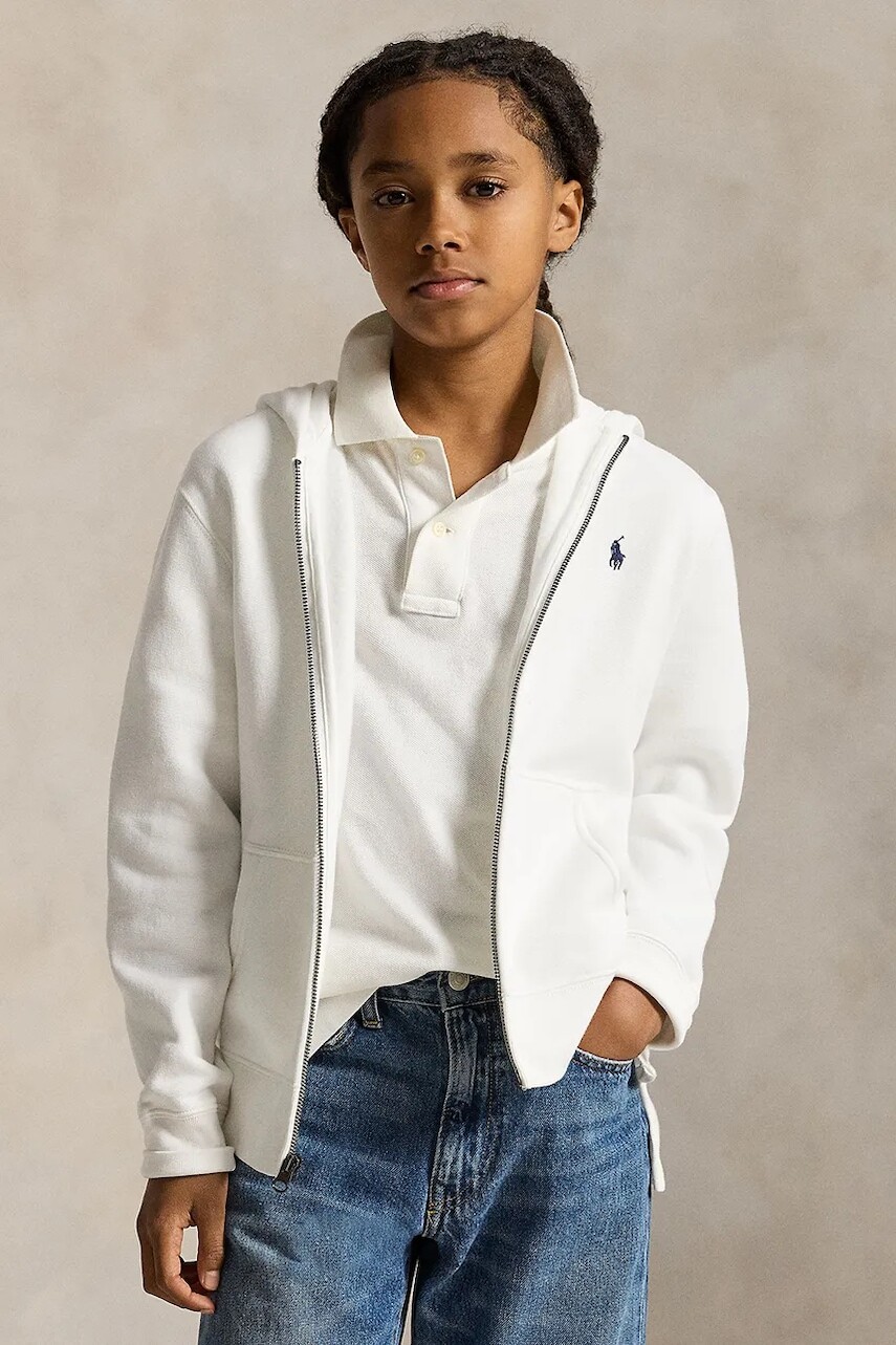 Detská mikina Polo Ralph Lauren biela farba, s kapucňou, jednofarebné, 323799360501