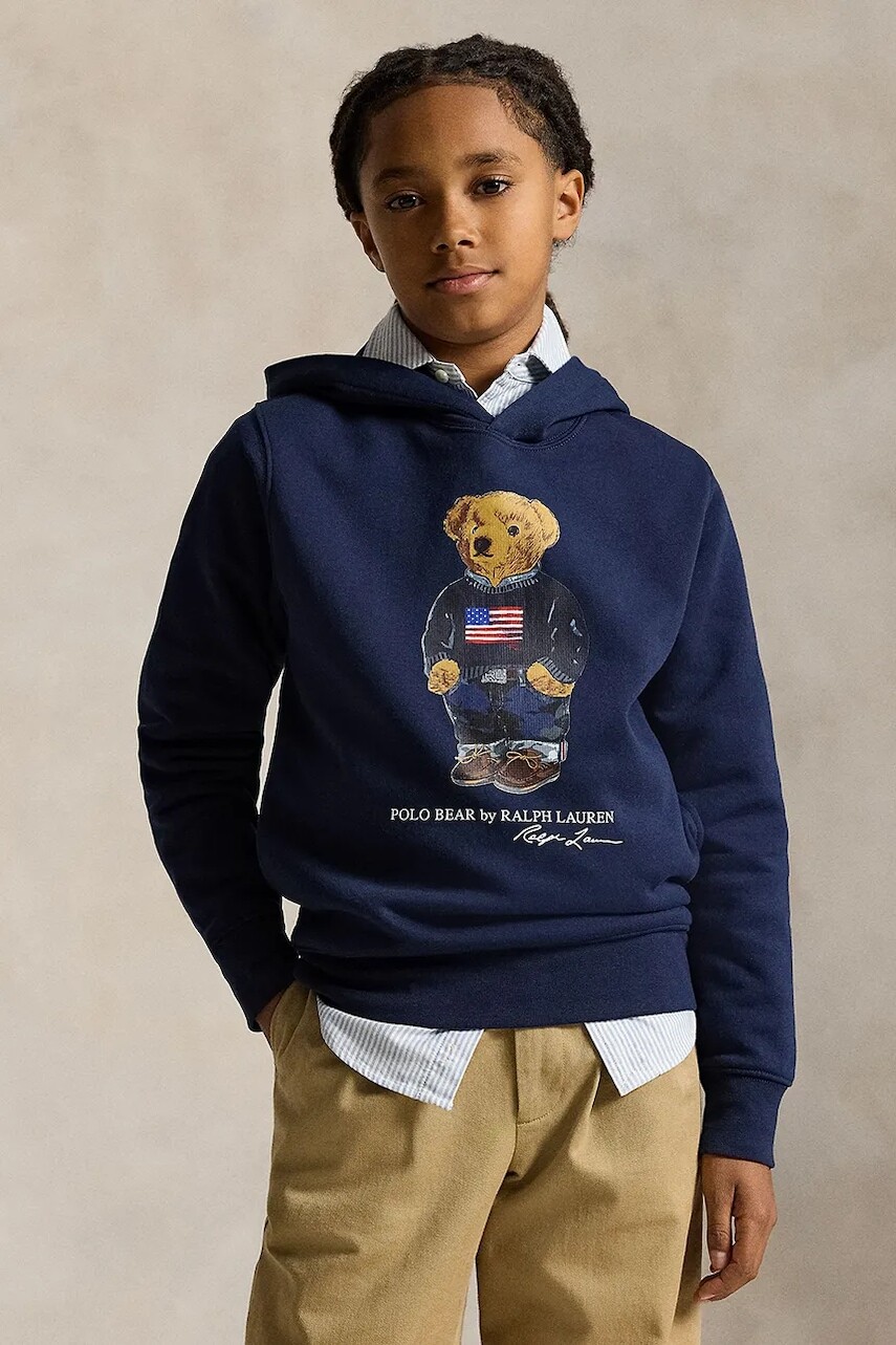 Detská mikina Polo Ralph Lauren tmavomodrá farba, s kapucňou, s potlačou, 323A10529001