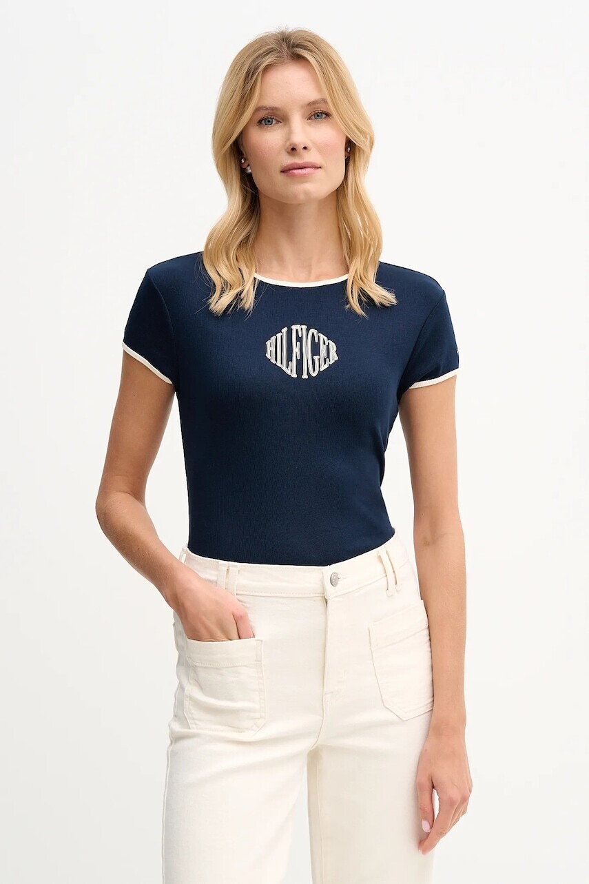 Bavlnené tričko Tommy Hilfiger dámske, tmavomodrá farba, WW0WW47881