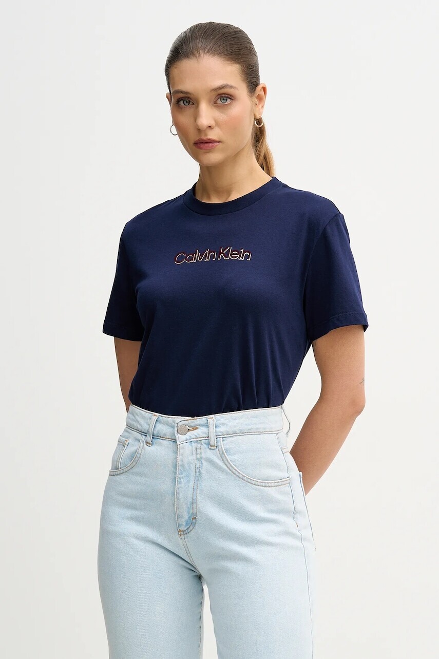 Bavlnené tričko Calvin Klein Jeans dámske, tmavomodrá farba, LV047E821G