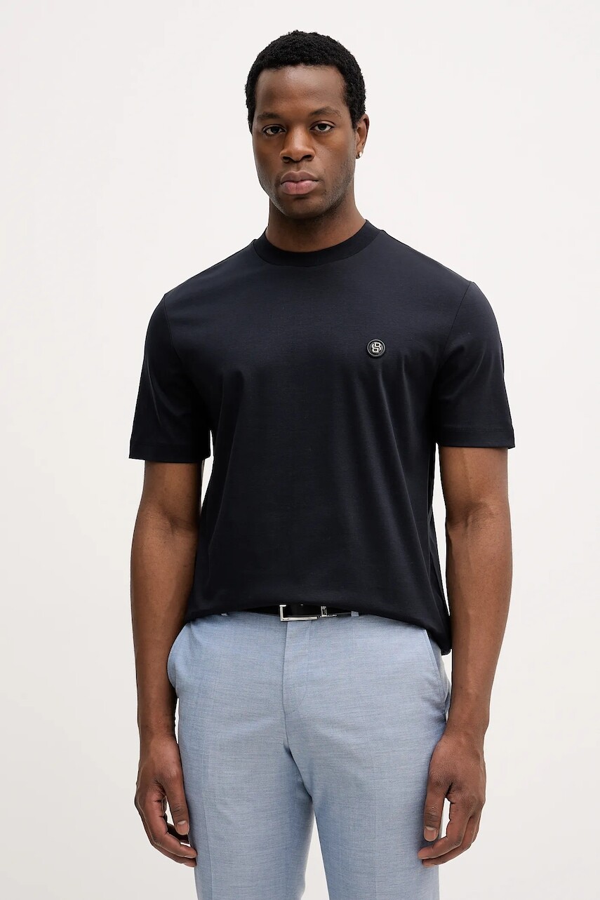 Bavlnené tričko BOSS pánske, tmavomodrá farba, s nášivkou, 50555844